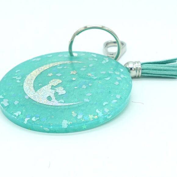 Seafoam n Stars Large Medallion Keychain  / Reading under the moon! - Picture 2 of 8